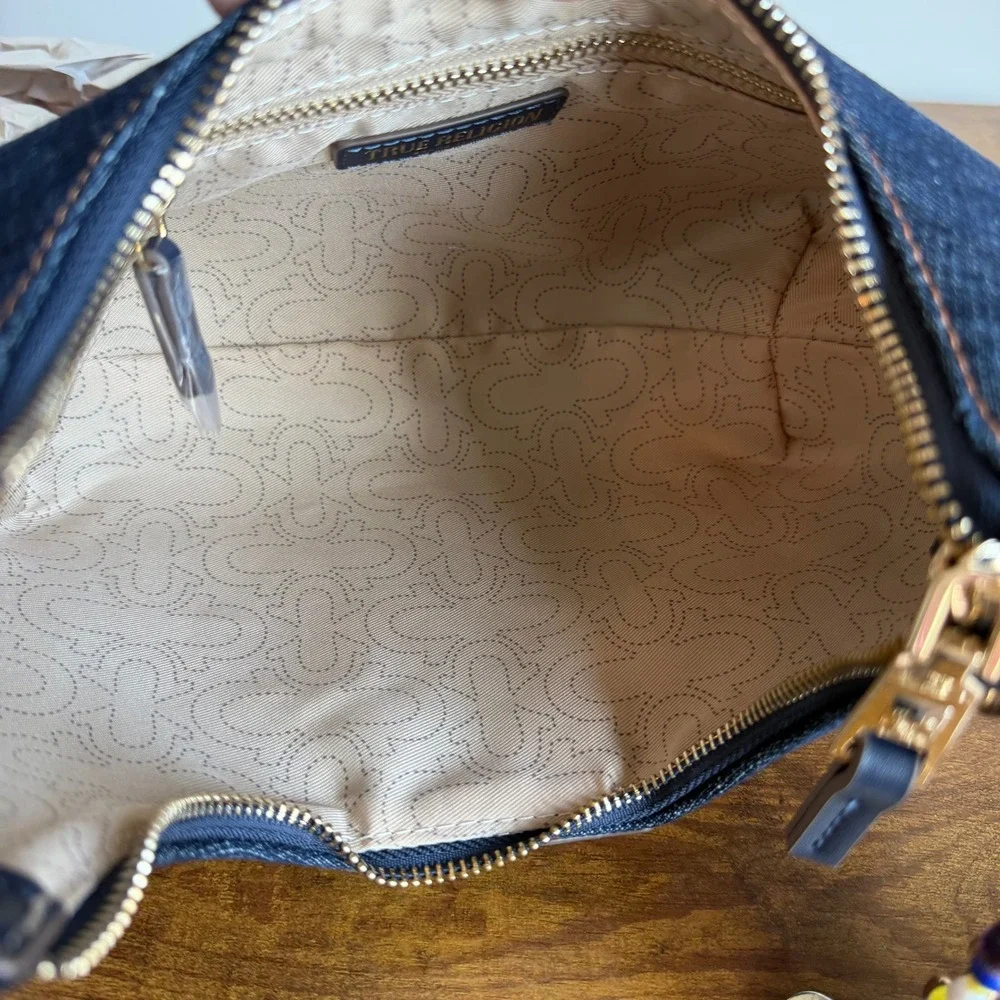 New True Religion Blue Denim Hobo Shoulder Handbag Wings Studded Beaded Charms